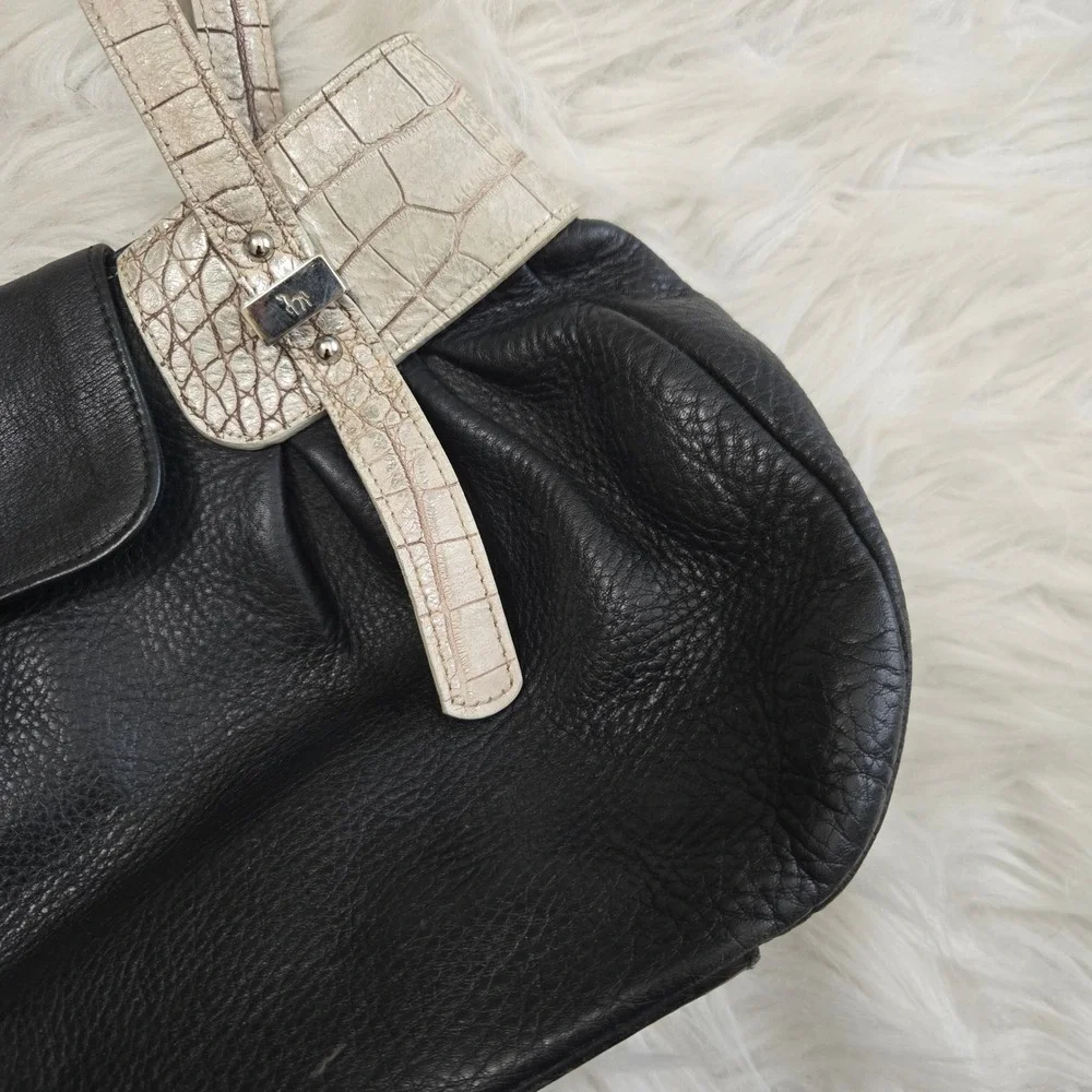 Petusco Spain Black Pebbled Leather Shoulder Bag Cream Croc Trim Made in Spain